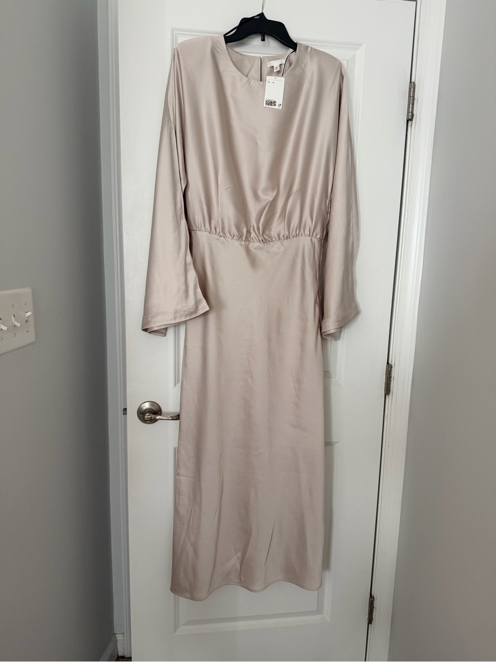 H&M Long-Sleeve Satin Maxi Dress in Light Beige